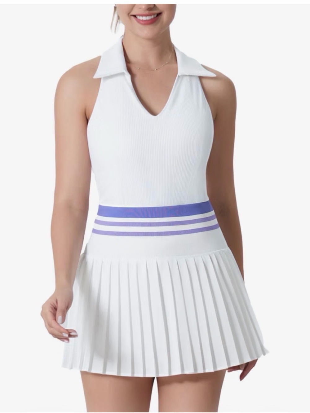 White Pleated Tennis Skirt with Purple Waistband + Matching Ribbed Tank
